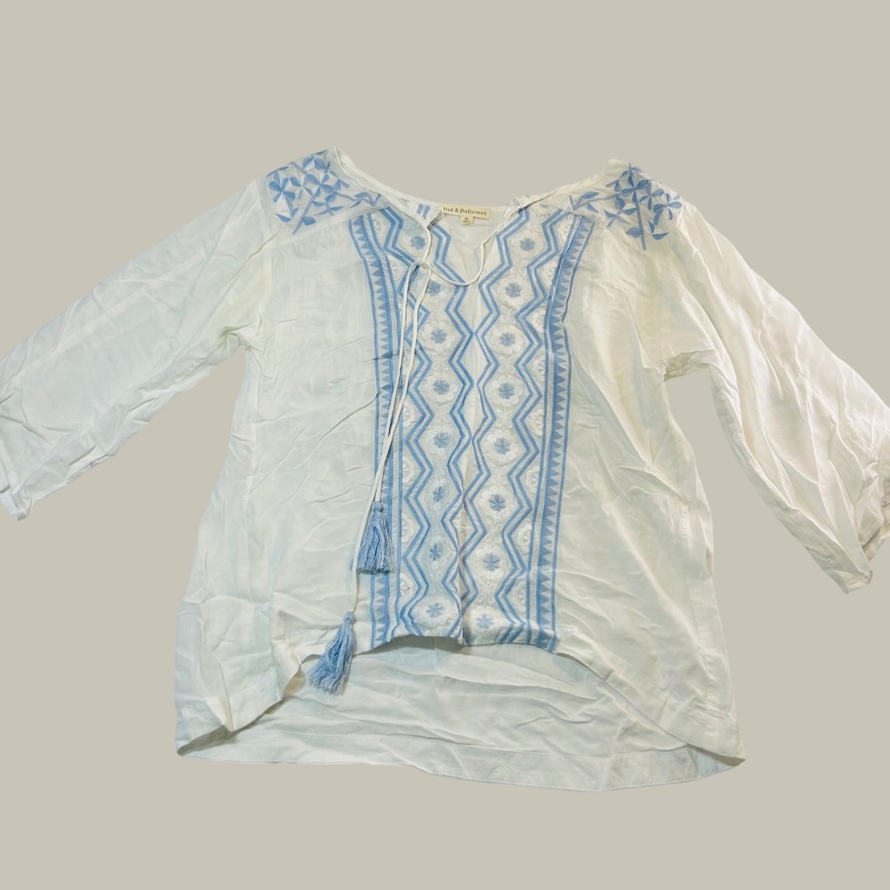 Hot & Delicious Womens White Blue Embroidered Tassel Tie Neck Peasant Blouse M